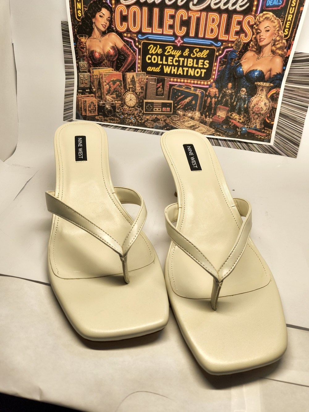 Nine West Cream White Thong Mule Heels Size 11M NIB Square Toe